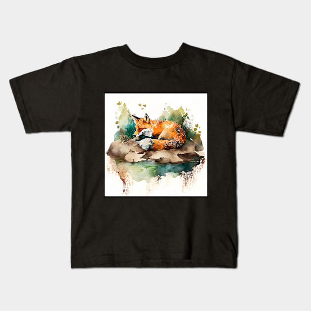 Sleepy Red Fox Watercolor Kids T-Shirt by The Art Mage